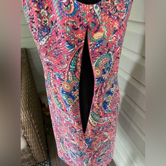 TALBOTS pink salmon Bonaire Paisley Sleeveless Sheath Dress sz 4P open back EUC - Picture 7 of 15